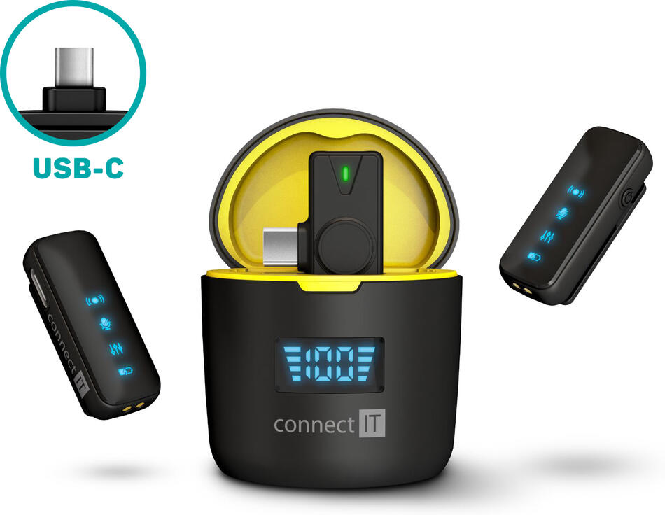 CONNECT IT Wireless mikrofon ClipMic Pro USB-C (2 ks + receiver) set ČERNÝ (CMI-1020-BK)