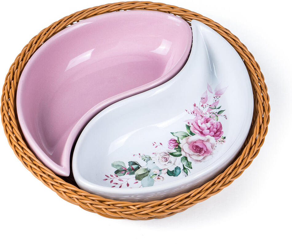 BANQUET miska sada 2díl. pr.20,5cm ROSE, v košíku, keramika/proutí