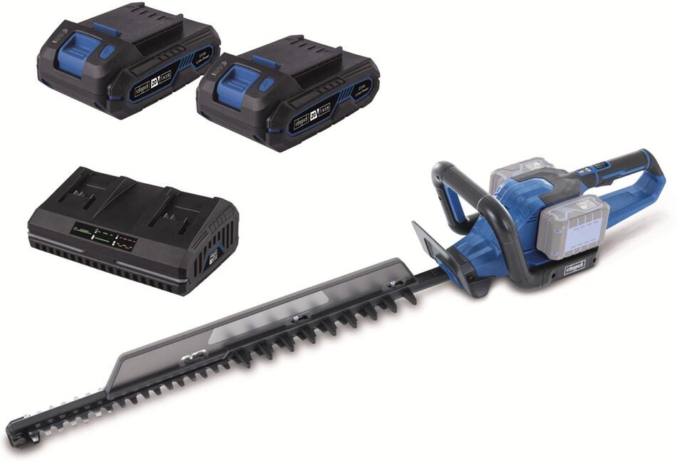 Scheppach BC-HT720-X-SET S2, 2x20 V IXES aku plotostřih + 2x 2Ah baterie + duální nabíječka 2,4 A