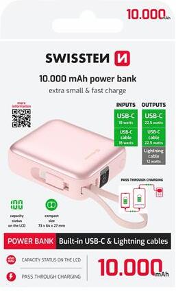 SWISSTEN POWER BANK SPACE 10000 mAh S INTEGROVANÝMI KABELY USB-C A LIGHTNING RŮŽOVÁ