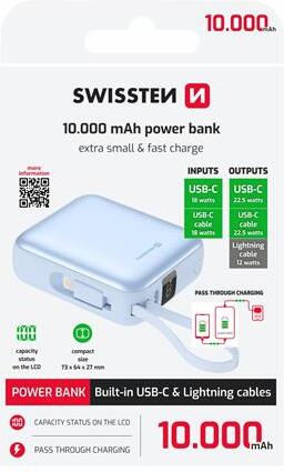 SWISSTEN POWER BANK SPACE 10000 mAh S INTEGROVANÝMI KABELY USB-C A LIGHTNING MODRÁ