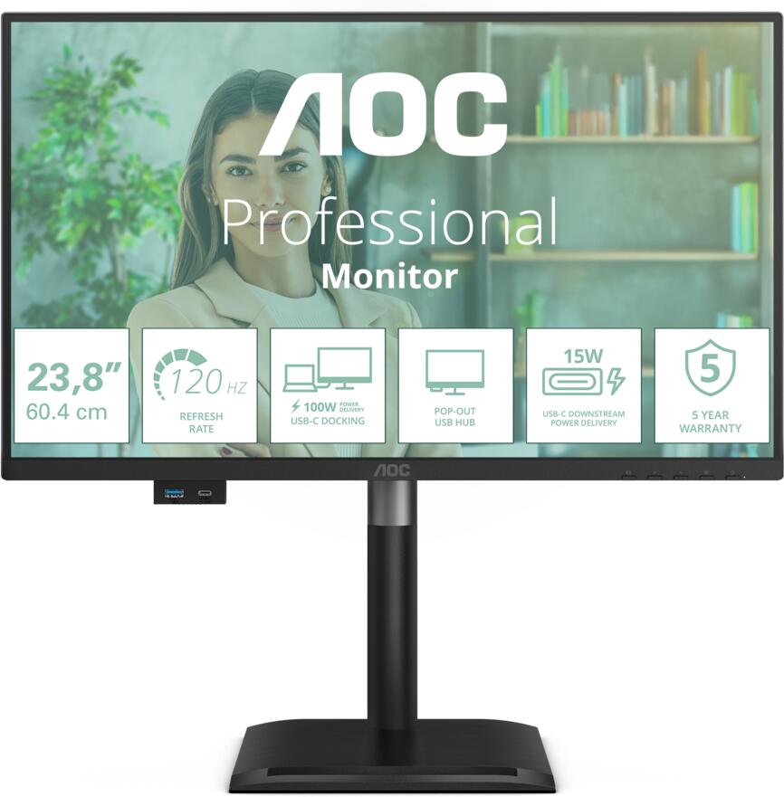 AOC LCD 24P4CV 23,8" IPS / 1920x1080@120Hz / 4ms / 300cd / HDMI / DP / 4xUSB / USB-C dock / RJ45 / Repro / Pivot / HAS / 5 let