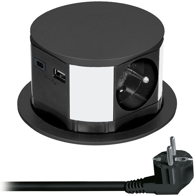 Solight výsuvný blok zásuvek, 3 x 16 A + USB A+C 20W PD, kabel 2m, černý
