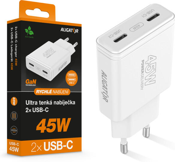 Rychlá nabíječka ALIGATOR slim, PD 45W, 2xUSB-C, bílá