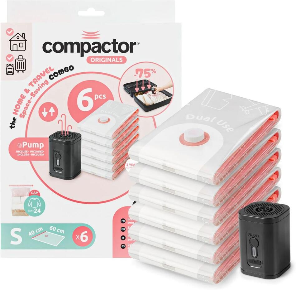 Compactor cestovní set s elektrickou vakuovací pumpou + 6 ks vakuových pytlů Vac&Roll S