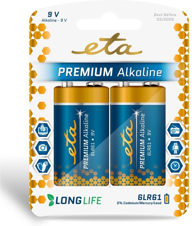 Baterie alkalická ETA PREMIUM ALKALINE 9V, 6LR61, blistr 2ks