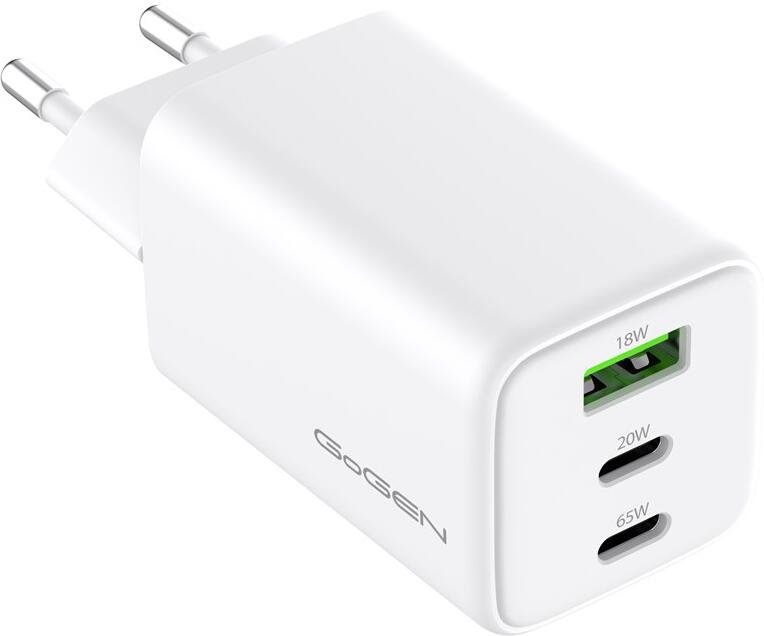 Nabíječka do sítě GoGEN ACHPDQ365, GaN, 2x USB-C PD 65W + 20W, 1x USB-A 18W - bílá