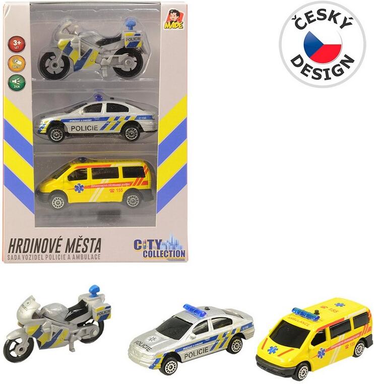 Sada motorka, osobní auto a dodávka, se světlem a zvukem, 16 x 11 cm