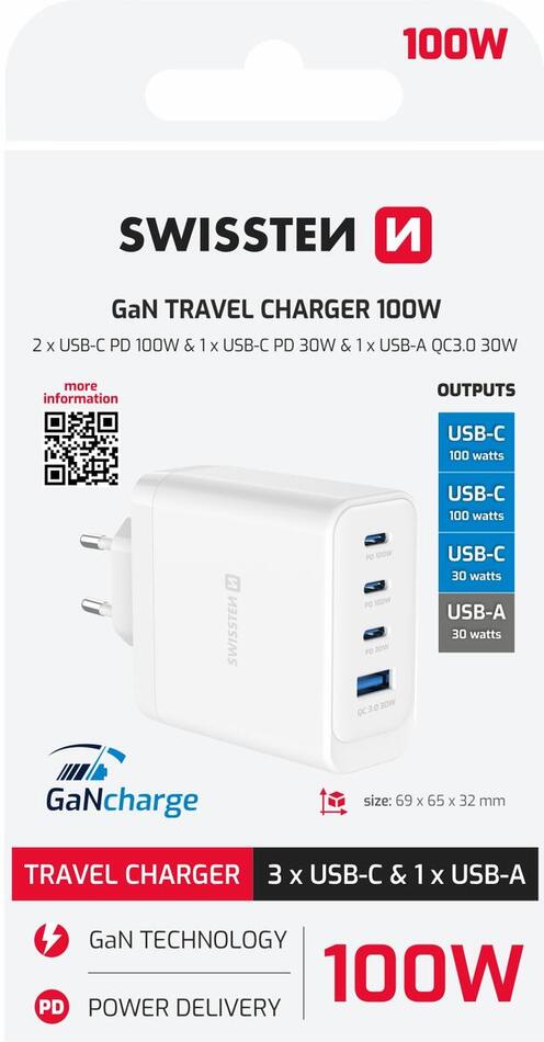 SWISSTEN SÍŤOVÝ ADAPTÉR CORE GaN 2x USB-C PD 100W + 1x USB-C PD 20W + 1x USB-A QC 30W QC BÍLÝ