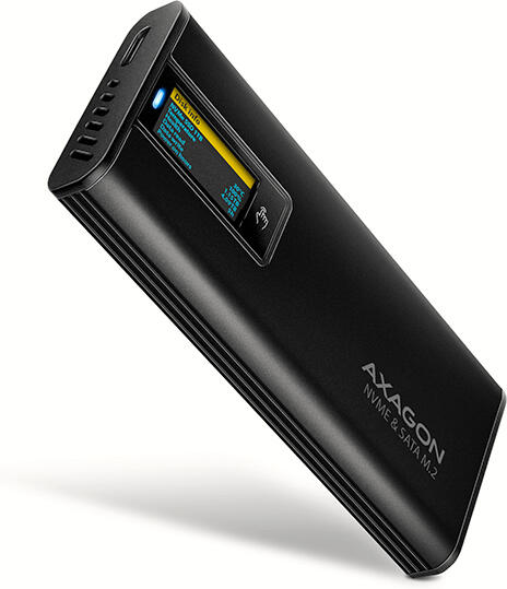 Axagon EEM2-SD2B, USB-C 10Gbps externí box s displejem pro M.2 NVMe/SATA SSD, bezšroubkový, černý