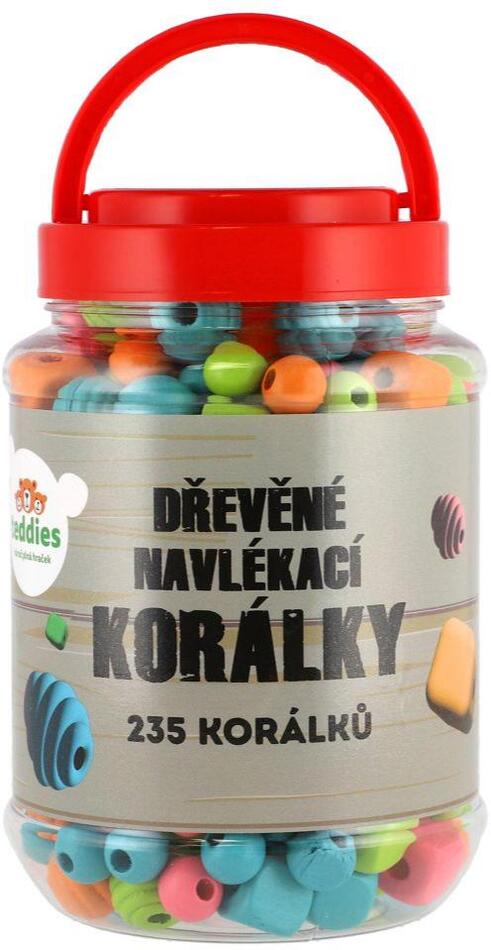Teddies Korálky dřevěné barevné 235ks v plastové dóze 9x14cm