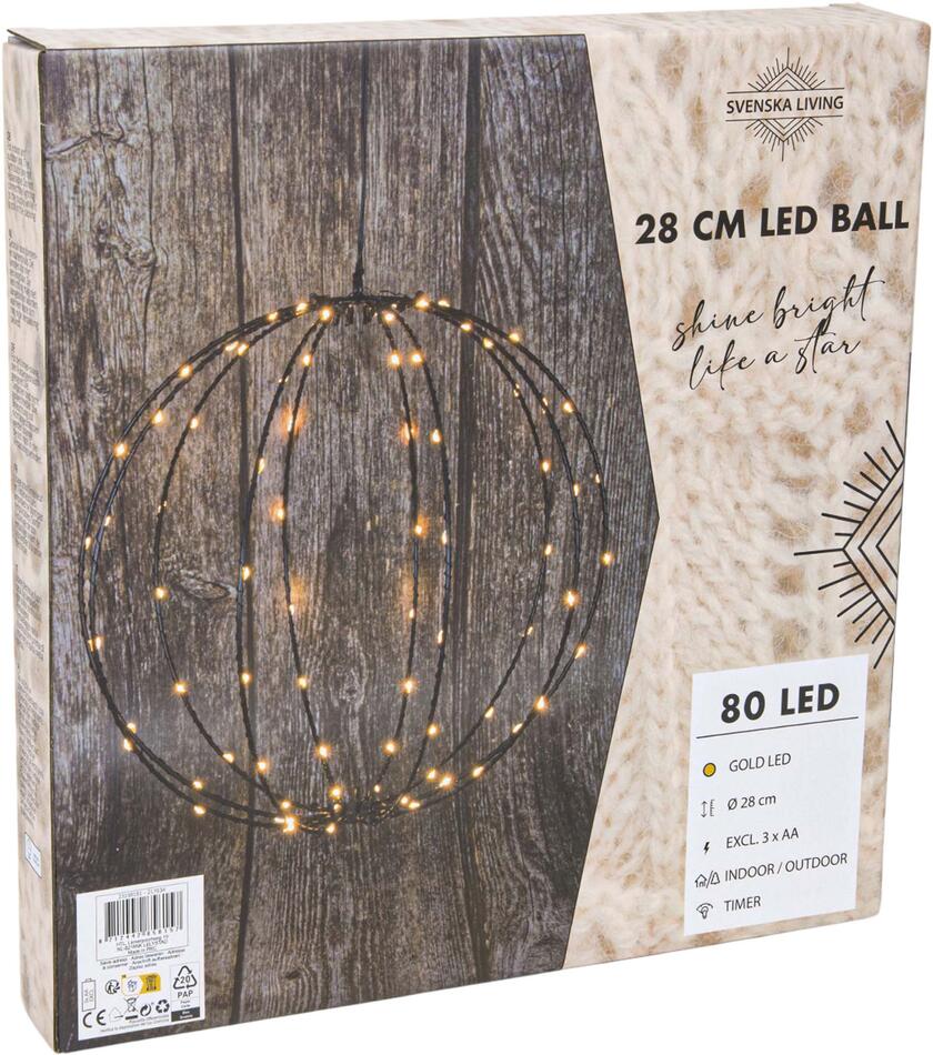 HIT vánoční dekorace s časovačem 80LED černá koule 28cm