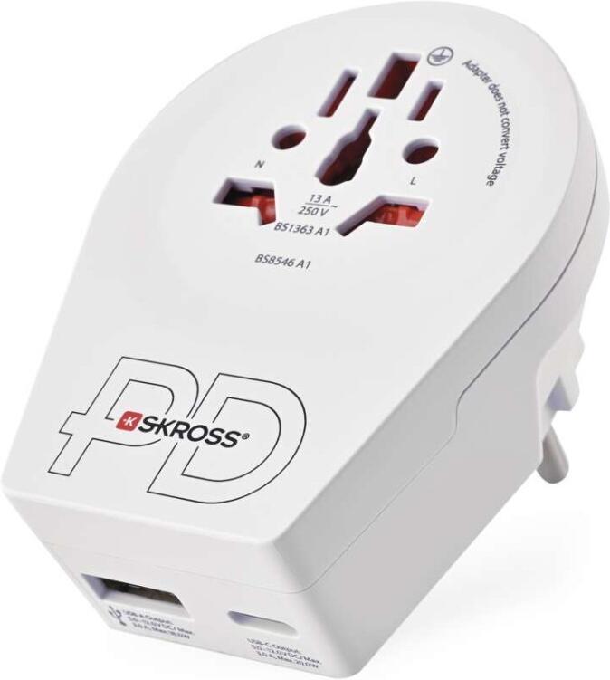 SKROSS cestovní univerzální adaptér pro cizince do střední Evropy, 1×USB-C, 1×USB-A (P0055U)