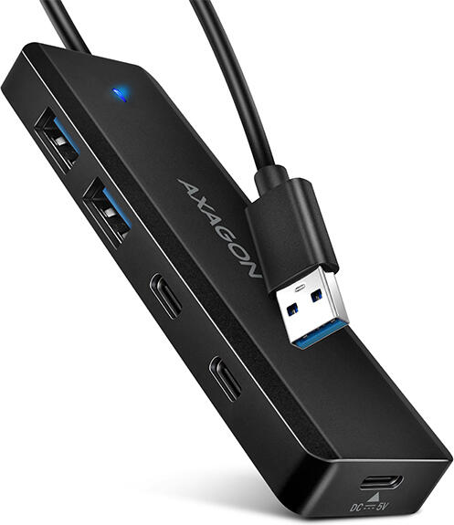 Axagon HUE-C2A, 4× USB 5Gbps TRAVEL hub, 2× USB-A + 2× USB-C, USB-C napájení, kabel USB-A 19cm