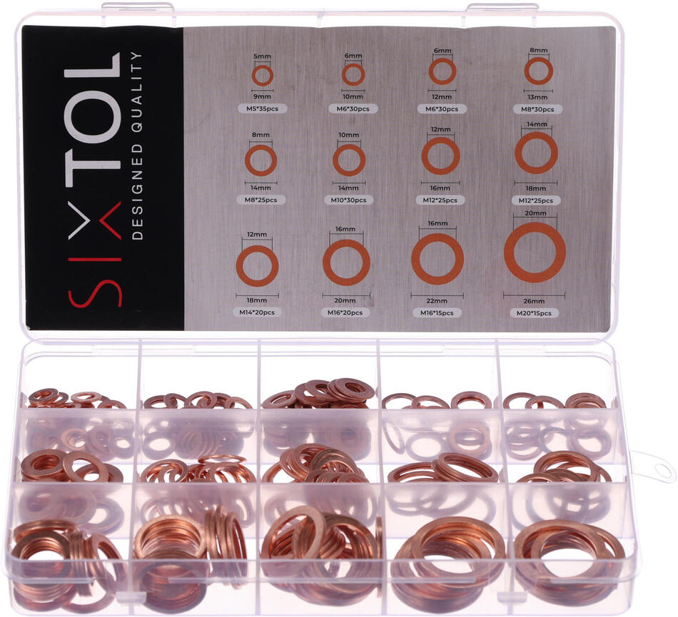 Sada měděných těsnících kroužků MECHANIC RING SET 2, M5–M20, 300 ks SIXTOL