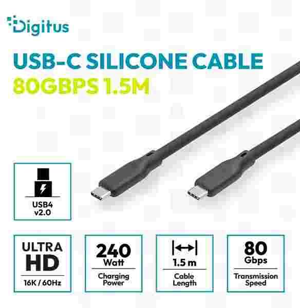 Digitus silikonový kabel USB4 verze 2.0, USB 80 Gbps, 1,5 m, černý (AK-300350-015-S)