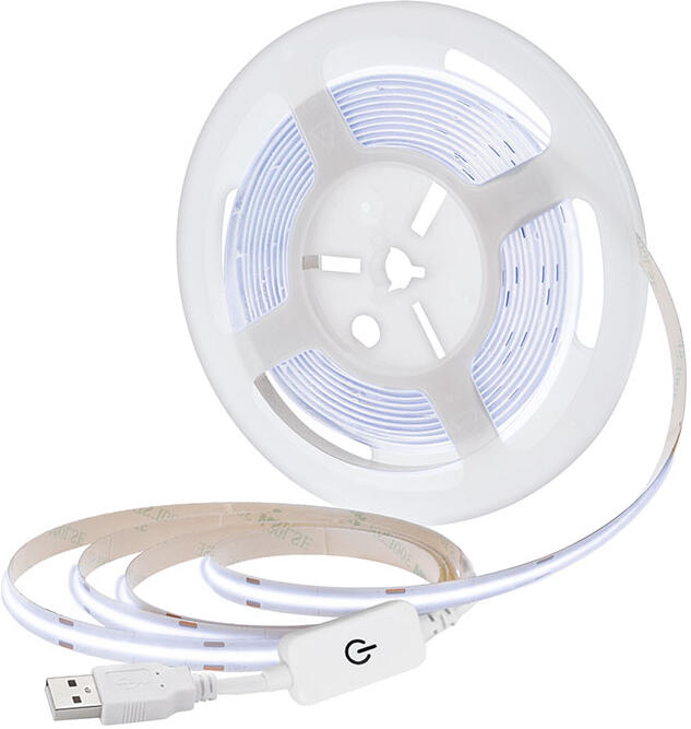 Solight LED COB pásek, 5m, 7W/m, 500lm/m, studená bílá, USB napájení, vypínač, 8mm