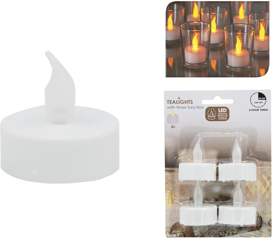 svíčka čajová LED pr.3,5cm BÍ (4ks) s bateriemi, časovačem