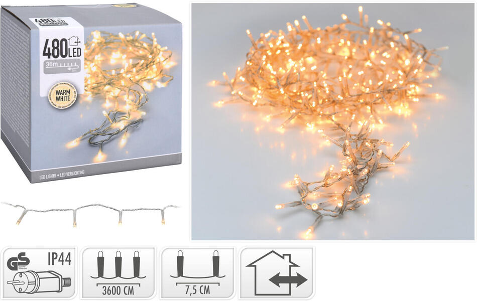 osvětlení vánoční 36m 480LED teplá BÍ, TRA drát