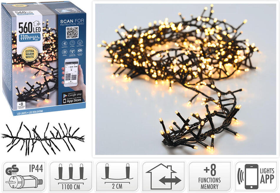 osvětlení vánoční 11m 560LED teplá BÍ, APP, 8 funkcí