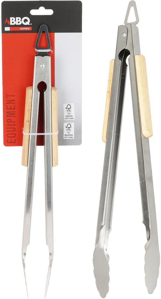 kleště grilovací 37,5cm BBQ nerez, dřev.rukojeť