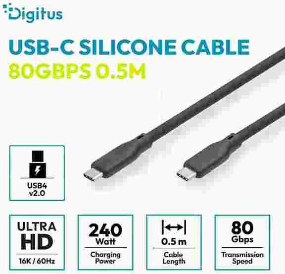 Digitus silikonový kabel USB4 verze 2.0, USB 80 Gbps, 0,5 m, černý (AK-300350-005-S)