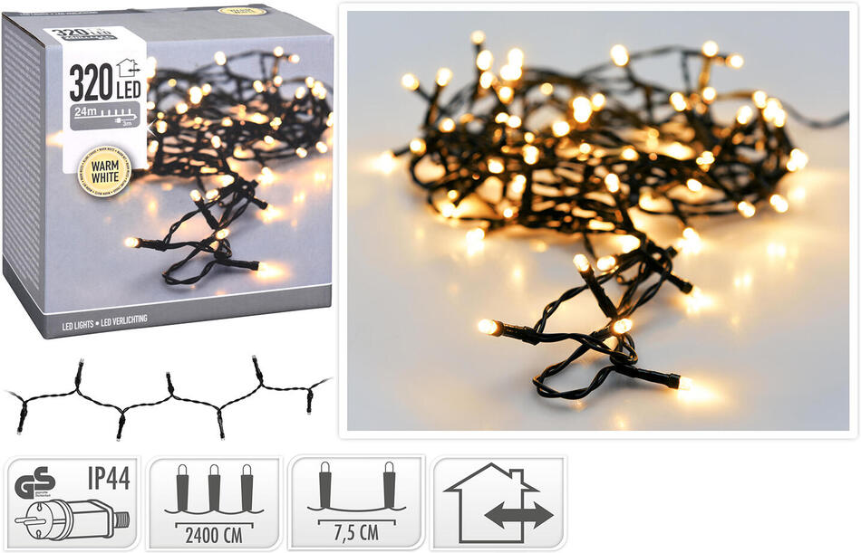 osvětlení vánoční 24m 320LED teplá BÍ, IP44