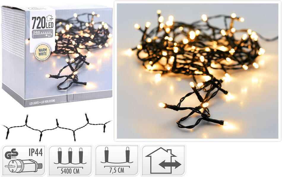 osvětlení vánoční 54m 720LED teplá BÍ, IP44
