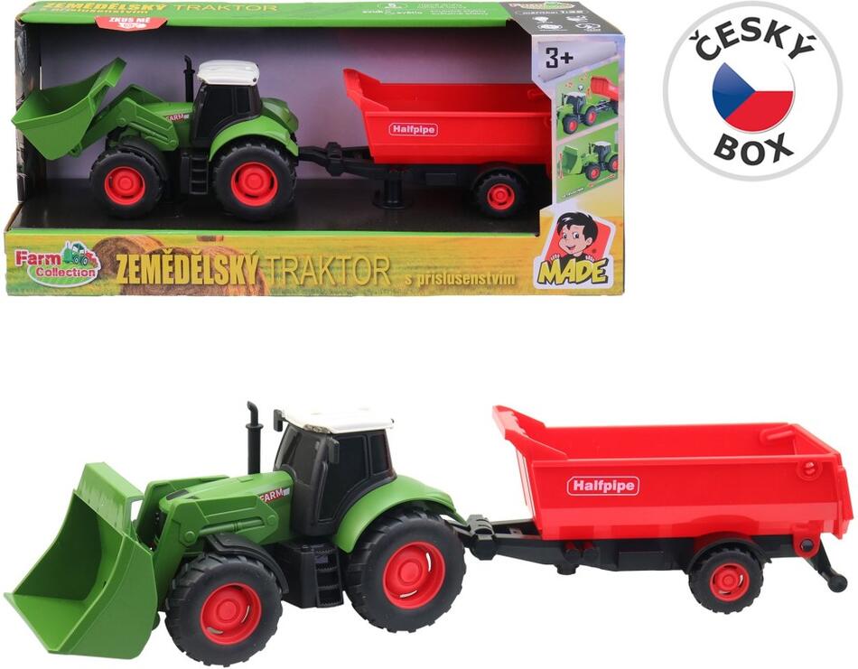 Traktor s přívěsem, na setrvačník, se světlem a zvukem, na baterie, 1:32, 30 cm