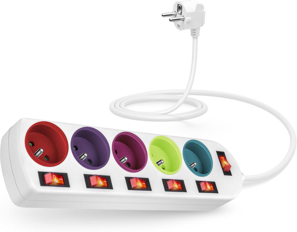 CONNECT IT prodlužovací kabel , 5 zásuvek, 2 m, s vypínači, barevná (CES-1105-WH)