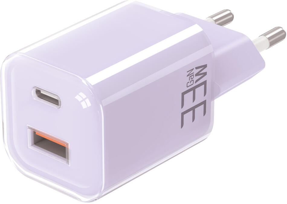 Solight 33W GaN fast charge USB-A + USB-C adaptér, fialový
