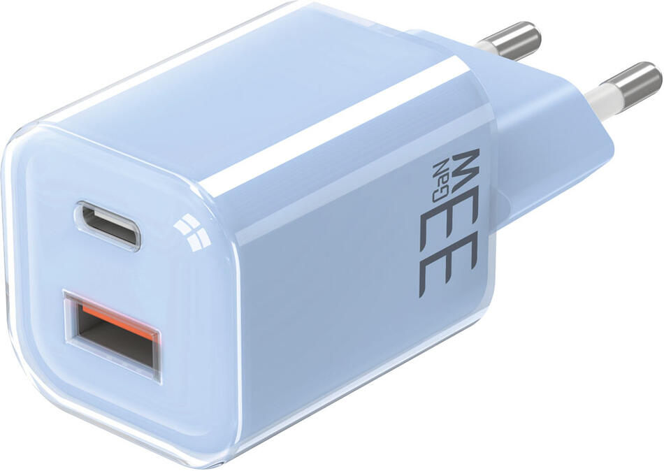 Solight 33W GaN fast charge USB-A + USB-C adaptér, modrý