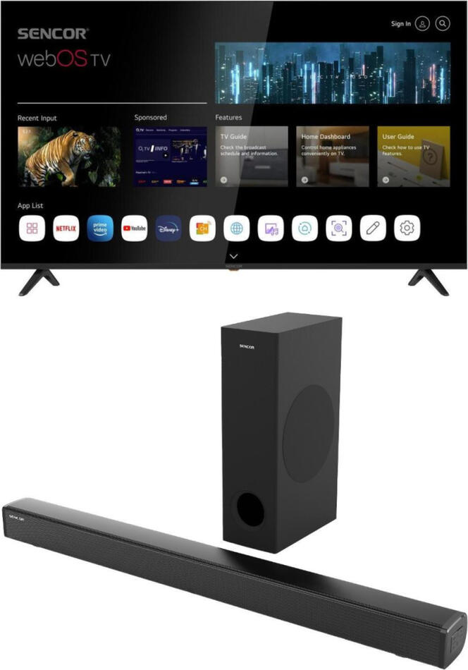 SET LED televize Sencor SLE 65US804B + Soundbar Sencor SSB 5500BW
