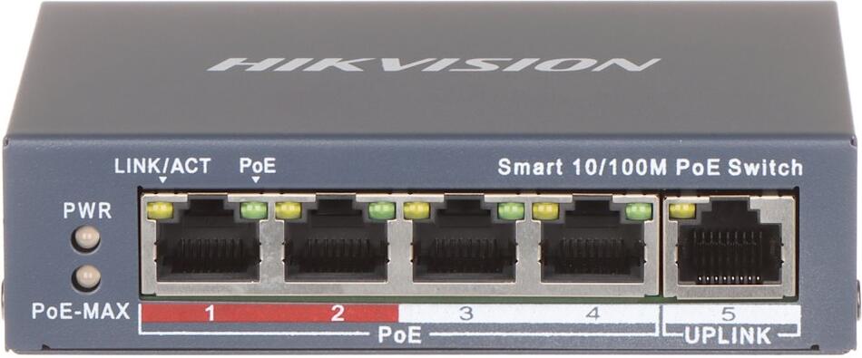 Hikvision DS-3E1105P-EI/M - Smart managed switch 4x 100TX PoE + 1x 100TX uplink, 45W, Super PoE