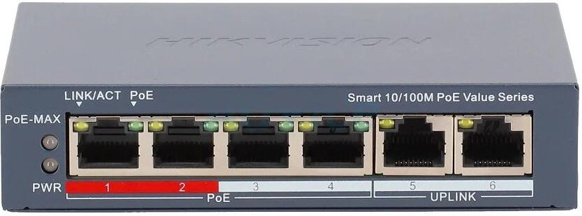 Hikvision DS-3E1106P-EI/M - Smart switch 4x 100TX PoE; 2x 100TX uplink, 45W, Super PoE