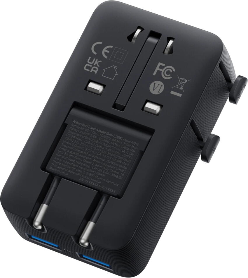Anker Nano cestovní adaptér/ 5v1/ 20W/ 2x USB-C/ 2x USB/ UK/US/AU/EU/ černý (A9215H11)