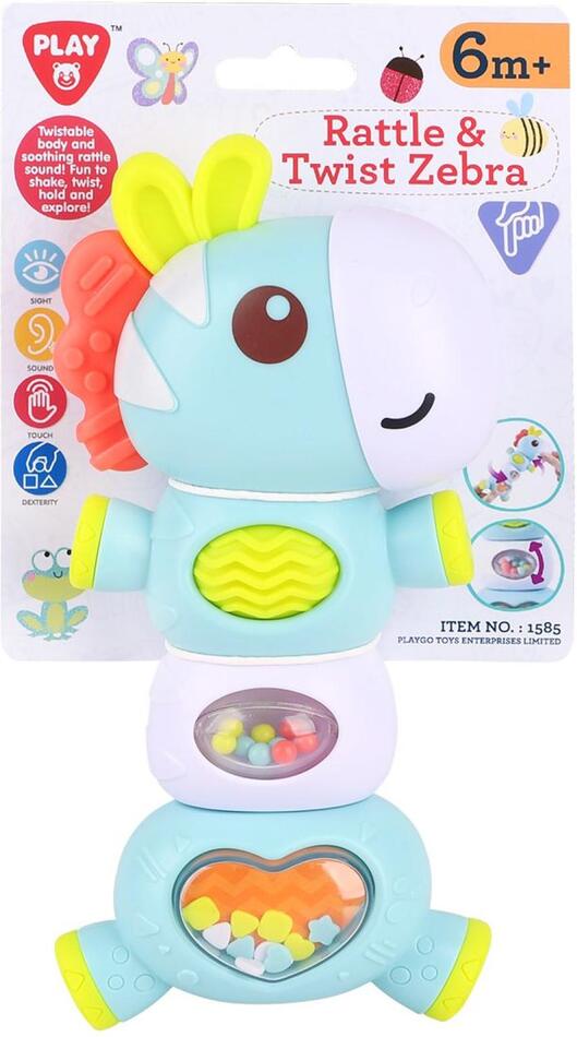 Teddies Chrastítko zebra edukační 10x19cm pro nejmenší na kartě