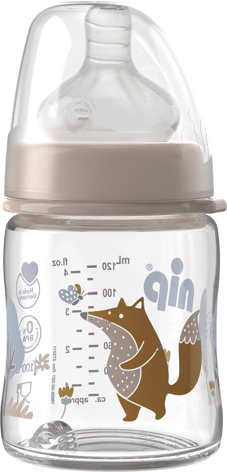 NIP Láhev kojenecká sklo,široká,silkon-S,120ml,0m+,uni
