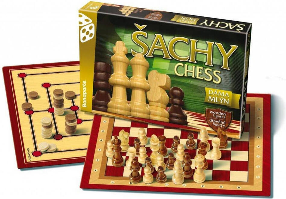 Společenská hra Bonaparte Šachy, dáma, mlýn - dřevěné figurky a kameny