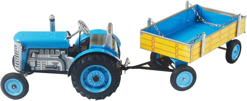 Traktor Kovap Zetor s valníkem, modrý, na klíček kov 28 cm