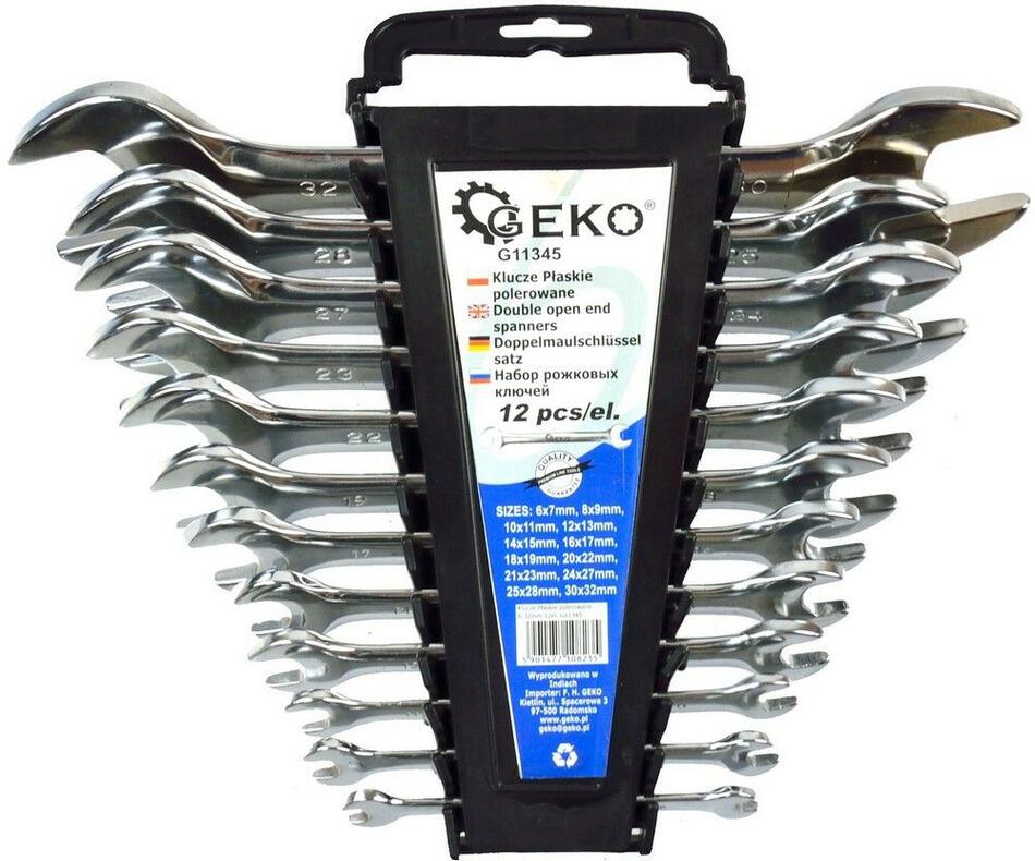 Klíče ploché leštěné, sada 12ks, 6-32mm, plast. držák GEKO
