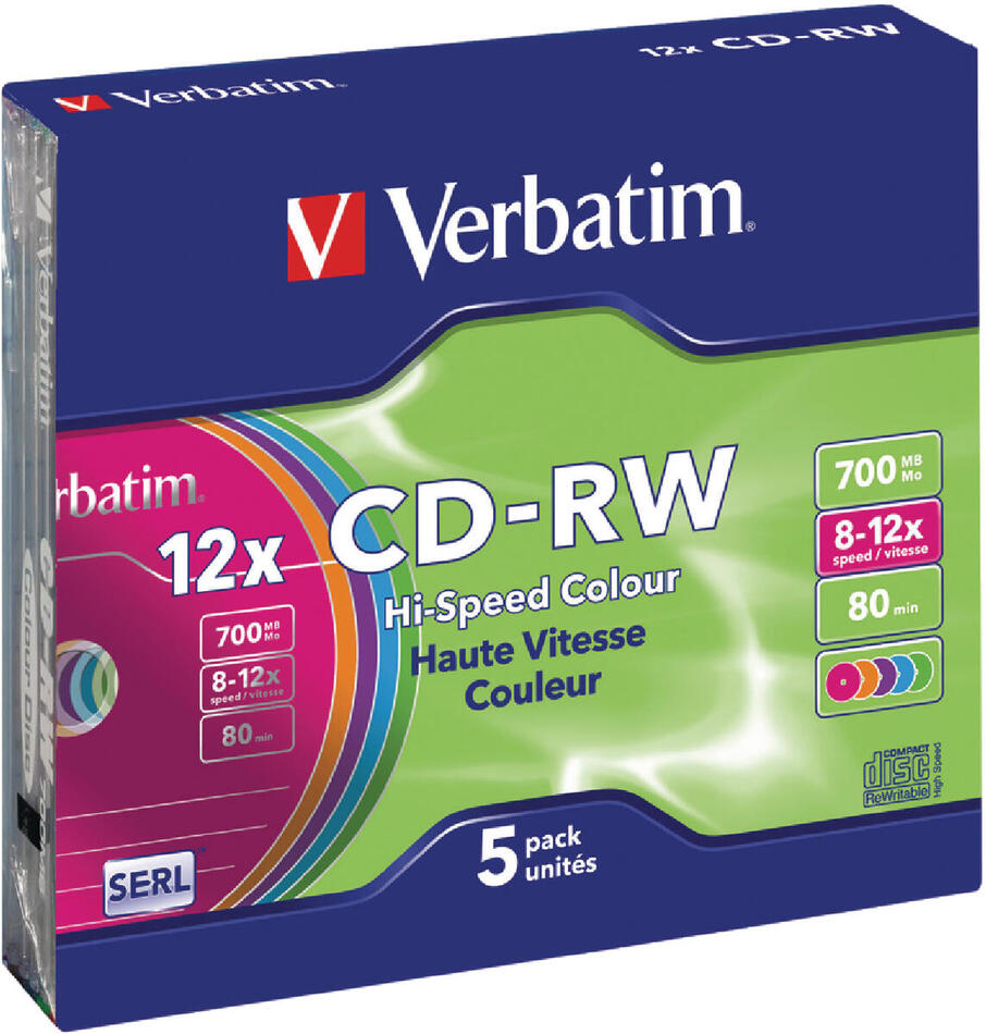 Disk Verbatim CD-RW DL 700MB/80min. 8x-12x, colors, slim box, 5ks