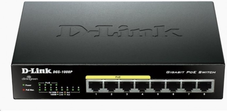 D-Link DGS-1008P 8-port Gigabit Desktop Switch, 4 porty jsou PoE+, PoE budget 68W (DGS-1008P/E)