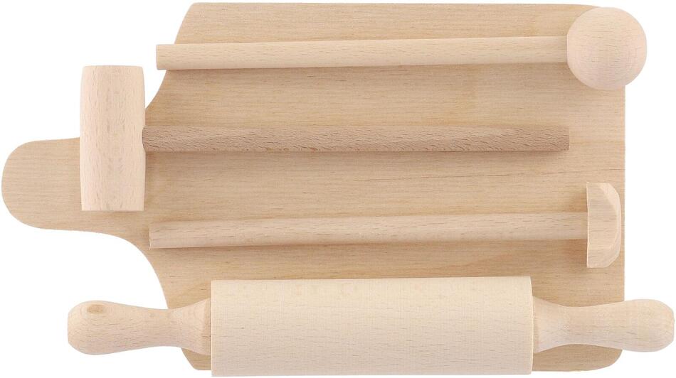 Teddies Kuchyňské nádobí prkénko, váleček, palička dřevo 20cm v sáčku
