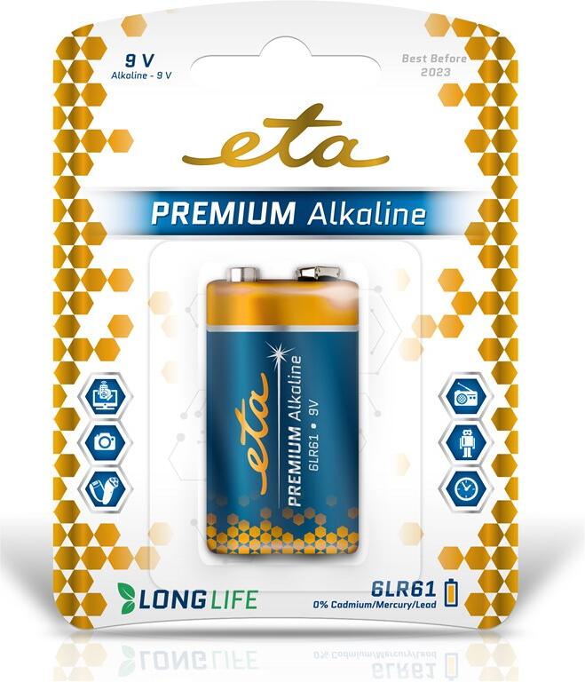 Baterie alkalická ETA PREMIUM ALKALINE 9V, 6LR61, blistr 1ks