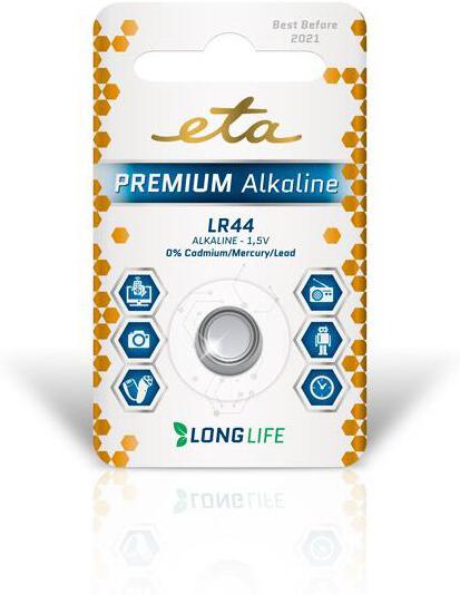Baterie alkalická ETA PREMIUM ALKALINE LR44, blistr 1ks
