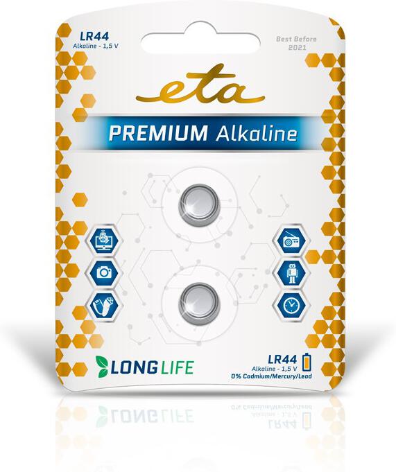 Baterie alkalická ETA PREMIUM ALKALINE LR44, blistr 2ks