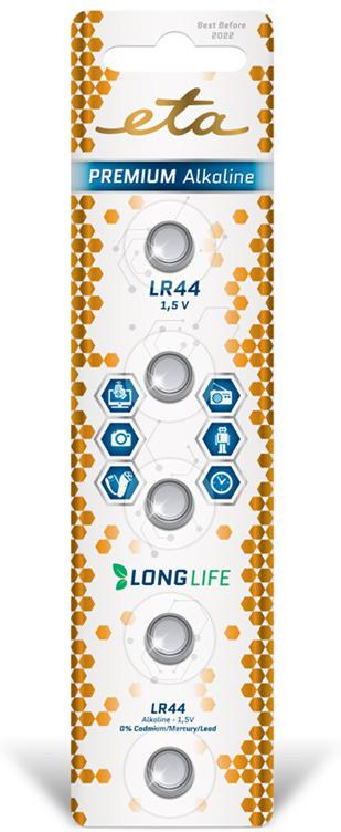 Baterie alkalická ETA PREMIUM ALKALINE LR44, blistr 5ks