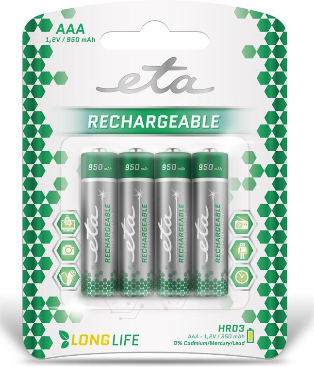 Baterie nabíjecí ETA AAA, HR03, 950mAh, Ni-MH, blistr 4ks