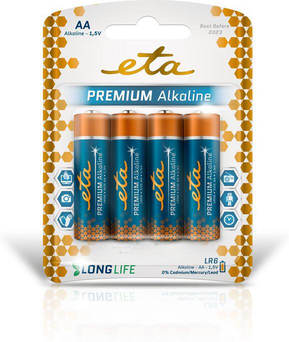 Baterie alkalická ETA PREMIUM ALKALINE AA, LR06, blistr 4ks